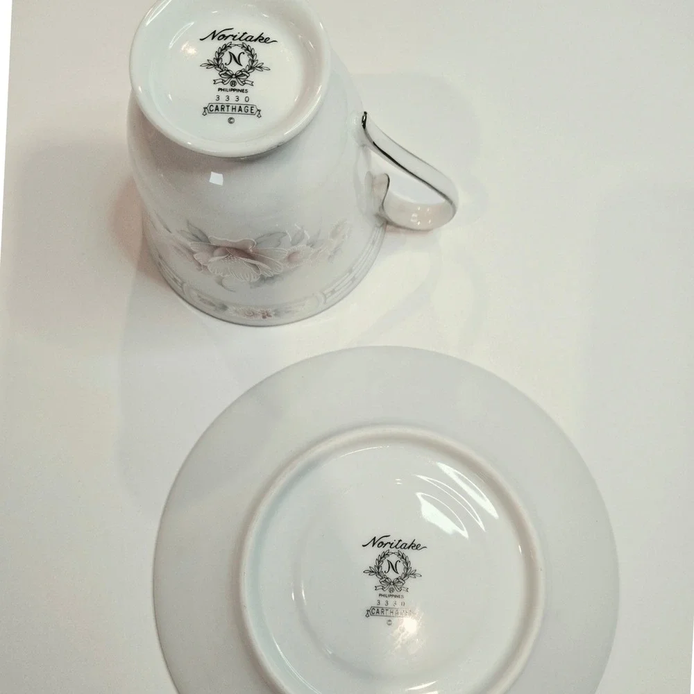 Noritake Carthage 3330 Tea Cup and Saucer Set Floral Platinum Trim Bone China